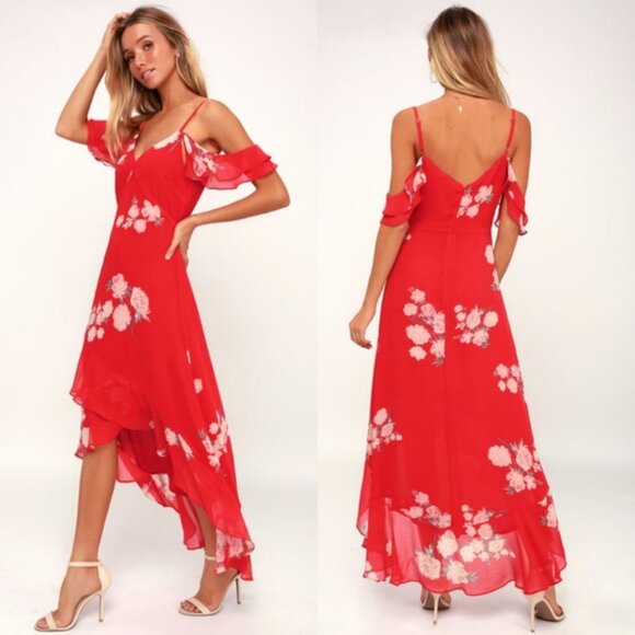 Lulus Ruffle Floral Maxi Dress Red High Low Size XS Cold Shoulder In‎ Bloom Boho - Picture 1 of 13